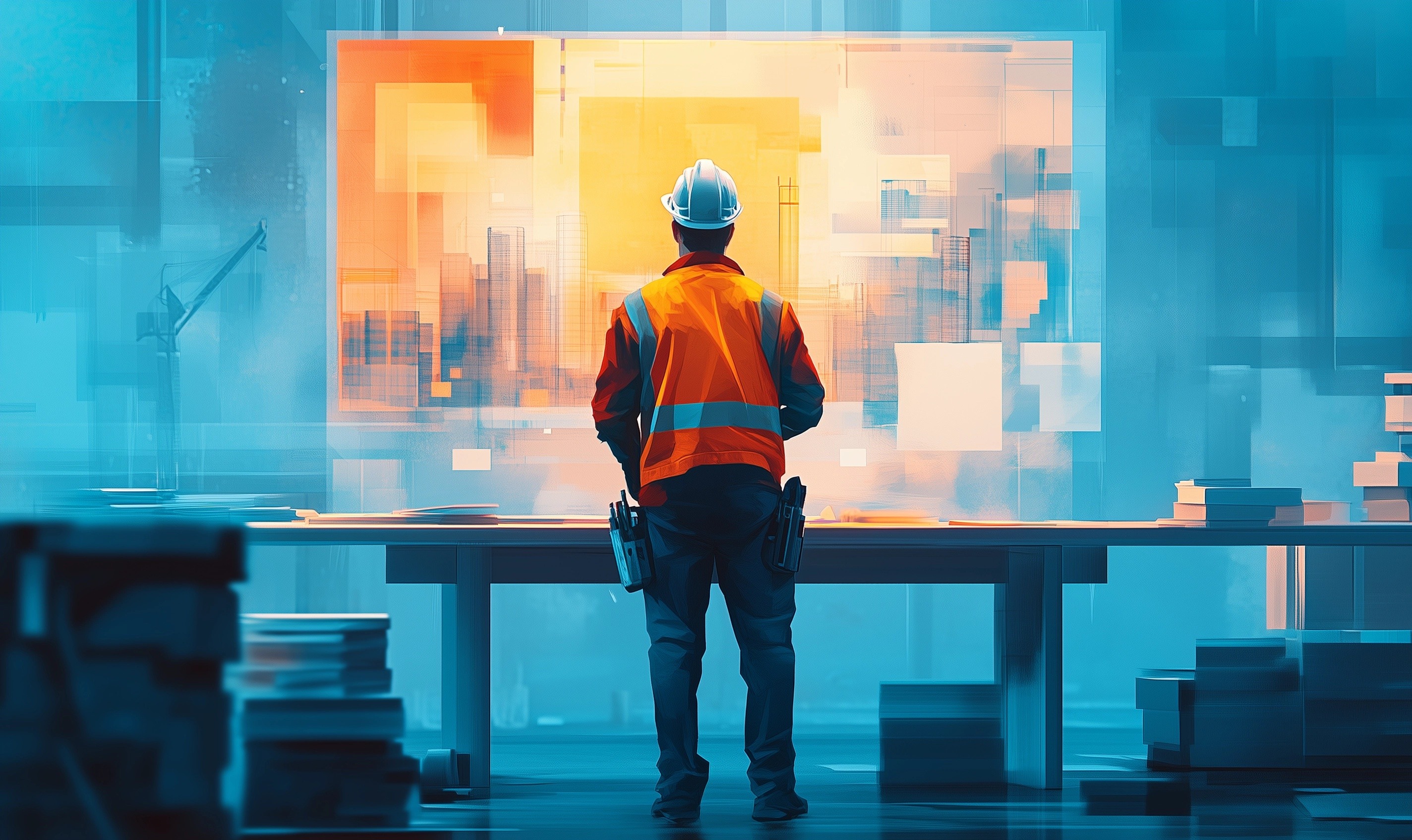 AI generated illustration of a construction worker staring at an abstract window into the future. The window is yellow and orange surrounded by a wall of blue.