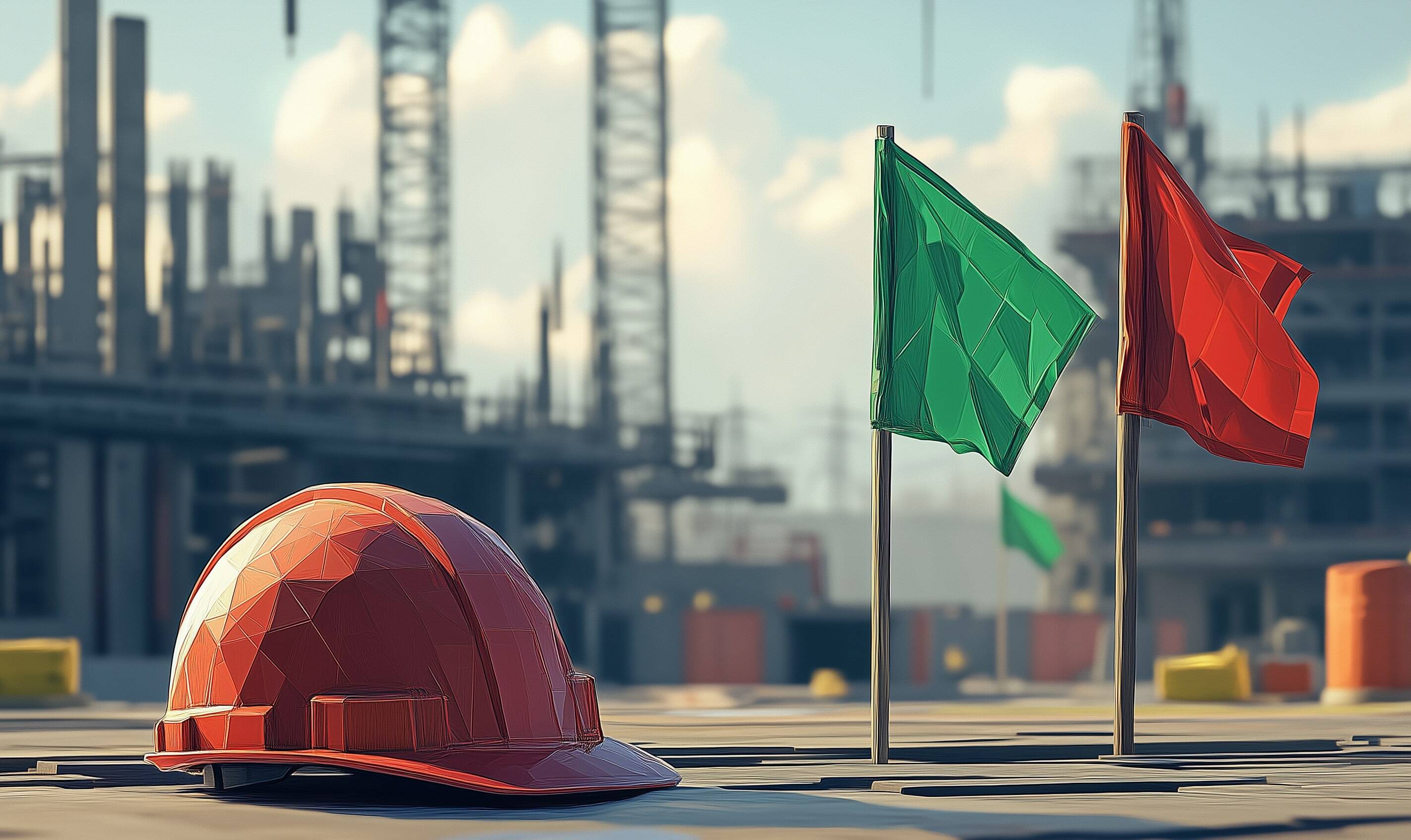 AI Generated Image depicting an orange hardhat placed next to a green flag and a red flag. In the background is a blurred construction site.